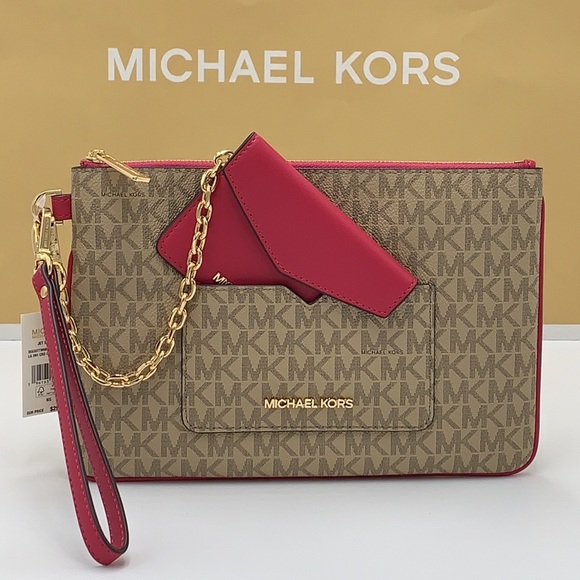 Michael Kors Jet Set LG 2 in 1 card case wristlet Wallet CARMINE PINK SIGNATURE - Picture 3 of 15